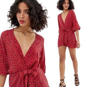 Free People Clara Mini Dress Tie Front Fit & Flare Floral Red Black Womens Small